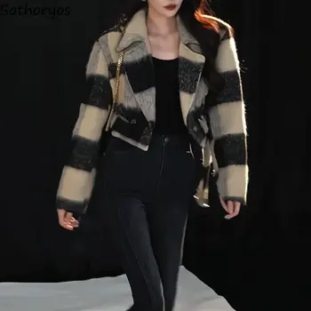 Misturas de Mulheres Xadrez Moda feminina Diária Simples criador de Todos-jogo de Outono Confortável Streetwear Estilo coreano Vire para baixo de Gola