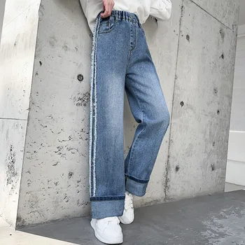 Moda Casual Jeans de Cintura Elástica para o Teen Primavera Novo Streetwear Lado Borda Crua Projeto Meninas de Calças de Roupas de Jeans, Calças 4-14 Y