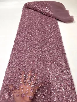 Moda Cor-De-Rosa Nigeriano Feito A Mão Frisada Net Tecido De Renda 2023 Africano De Luxo Lantejoulas 5 Jarda De Tecido De Renda Para A Mulher De Vestido De Noite Costurar
