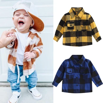 Moda Outono de Crianças Meninos Clássico e Camisas de 6M-4Y Crianças Meninos do Bebê estampa Xadrez de Botão de Manga Longa Blusa Camisas de Roupas Outwear