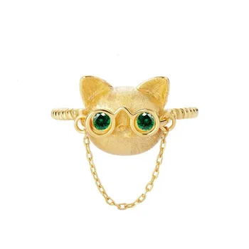 Moda jóias médico gato de óculos de anel para as mulheres, acessórios bonitos personalidade pedra verde de abertura ajustável mulher moderna anel