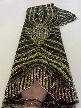 Muito Ouro Preto Vestido De Noiva Francesa Africana De Tule Sequince Laço Frisado Pano Tecido De Materiais