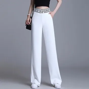 Mulheres de Perna Larga Calças 2023 Nova coreano de Moda para Senhoras Elegantes Trecho Slim Cintura Alta Preta Calça Branca 4XL