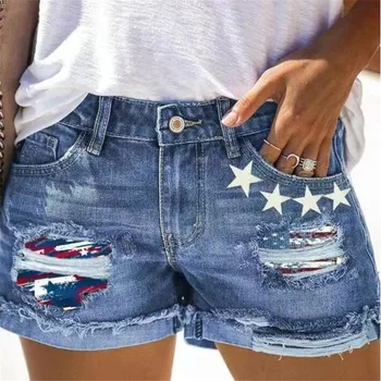 Mulheres de Shorts Impresso com rotura de Buracos, Lavado Denim das Mulheres Shorts2023 de Verão de Novo Cintura Alta Jeans Casual