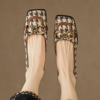 Mulheres houndstooth tecido fronteira dedo do pé quadrado slip-on flats diário sapatos de fivela de metal decoração casual feminino retro sapatos leves