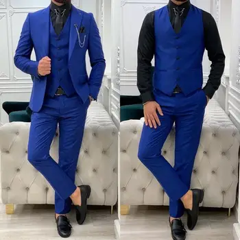 Negócios Slim Fit Azul Royal Homens Ternos Lapela Pico Formal Terno Smoking Masculino Noivo Casamento Baile Blazer Feito-3 Peças