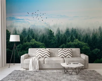 Nordic minimalista de neblina, floresta, montanhas distantes e aves quarto sofá de fundo de parede decoração mural, papel de parede para parede