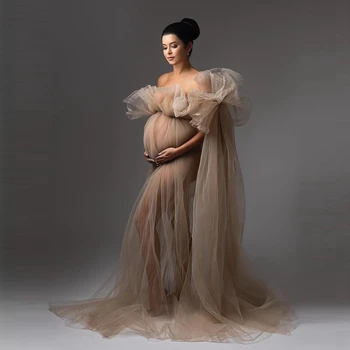 Nova Moda De Caqui Tule Gravidez Vestidos De Um Ombro Flor Longo Vestido De Maternidade Ver Através De Corrugada Com Fotografia Vestidos