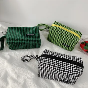 Novo Design Simples, Feminino, Bolsas Organizador Houndstooth Padrão de Lona Make up Bag Bolsa de Zíper Wristlet Carteira de Saco de Presente para as Mulheres