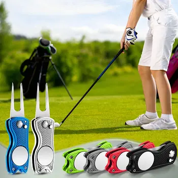 Novo Metal Dobrável de Golfe Torrão Ferramenta de Reparo com Marcador de Bola Magnética e Pop-up Botão Verde Ferramenta de Acessórios de Presente Para o Jogador de golfe