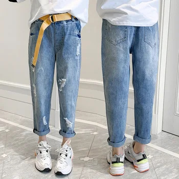 O coreano Adolescentes Calças Jeans Primavera Crianças Buraco de Luz Azul Denim, Calças de Moda Filhos Cintura Elástica Calças de Harém 8 12Y