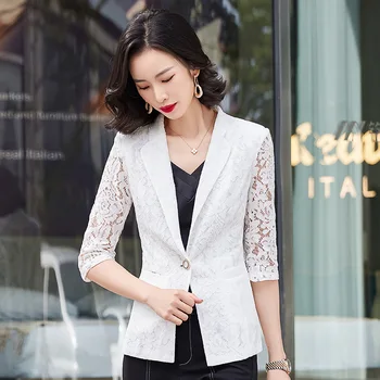 O coreano Casual de Negócios Blazer, Casacos Mulheres Primavera Verão Rendas na Moda Um Botão Irregular Manga Três quartos Suit bancadas