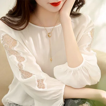 O coreano o pescoço sólido laço chiffon camisa blusa feminina 2023 sólido de manga comprida, manga longa versátil protetor solar blusa feminina