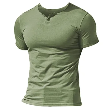 Os homens Verão Casual manga Curta T-shirt Branqueados Único Botão Cor Sólida com decote em V da Camisa