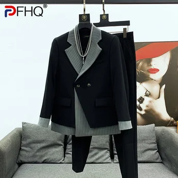 PFHQ 2023 coreano Elegante Blazer de Design de Moda, os Homens de Ternos Faixa de Retalhos de Colarinho Jaquetas Calças Conjunto Elegante de Roupas de Alta Qualidade