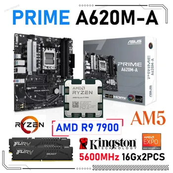 Placa-mãe ASUS PRIME A620M-UM Soquete EM5 DDR5 placa-Mãe Com AMD Ryzen 9 7900 CPU Combo+Kingston RAM DDR5 5600MHz 16Gx2 Kit NOVO