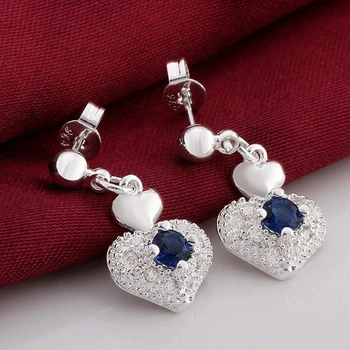 Prata 925 Esterlina de Luxo azul Zircão romântico Brincos de coração para as Mulheres a Moda Festa de Casamento Acessórios, Jóias de presentes de natal
