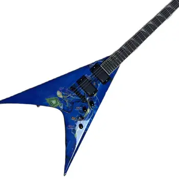 Seqüência de caracteres de seis V-em forma de guitarra elétrica, azul, padrão, alto brilho, imagens reais, entrega gratuita em casa