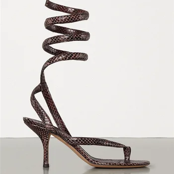 Serpentina de Sapatos para Senhoras Cobra em forma de Salto Alto Impressão do sexo Feminino de Sandálias de tira no Tornozelo Chaussure Dedo do pé Redondo Zapatos De Mulher