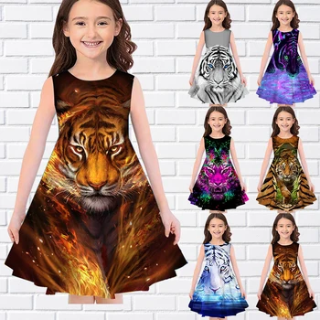 Tigre Padrão 3D Impresso Verão sem Mangas Vestido de Menina Casual Gola Redonda Vestidos Longos de Meninas de Moda de Vestidos Para o Eid Vestidos Bonitos