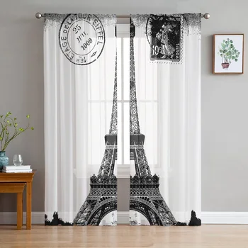 Torre Eiffel Retro Pura Chiffon Cortinas Para Sala, Quarto, Cozinha Decoração De Janela Voiles De Organza, Tule Cortina