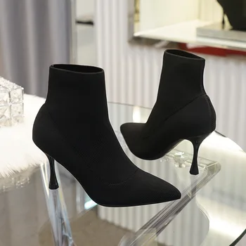 Trecho de tricô preto meias botas de mulheres finas e salto alto deslizamento no chelsea botas bico fino sexy calçados curto botines