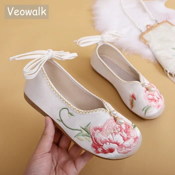 Veowalk Macio e Confortável Jacquard de Algodão Mulheres Bordado Floral Sapatilhas com Pulseira Vintage de Estilo Chinês, Sapatos Casuais