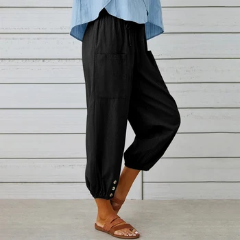 Verão as Mulheres Calças Soltas do Tornozelo-Comprimento de Senhoras Ampla Perna Cortada Calças Confortáveis Streetwear Cor Sólida para o Exterior de Férias