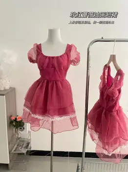 Vestido de Festa curto Sexy de Renda Sopro de Fadas Kawaii Roupas Mini Vestido Moda de Aniversário Vestido Vermelho para Mulheres de Verão 2023