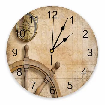 Volante Bússola Vintage Mapa Decorativo Redondo Relógio De Parede Personalizado Design Não Passando Silencioso, Quartos Grandes, Relógio De Parede