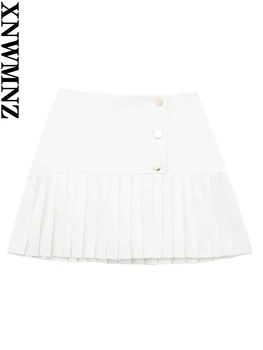 XNWMNZ 2023 Mulheres de moda caixa branca plissada mini saia de mulher alta rua cintura alta botão feminino elegante saia