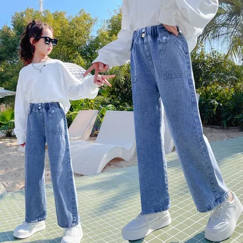 calças de 2022 primavera novo coreano girls' jeans estrangeiros estilo para Crianças de unhas fivela grande desgaste na perna de fora