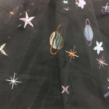 tecido de renda novo Preto tecido de poliéster estrelas, lua, terra de tule de Malha com paetês bordados para Vestido acessórios de costura de tecido MF64